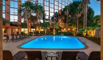 Sheraton Houston Brookhollow Hotel’s outdoor pool, with loungers and plant life nearby.