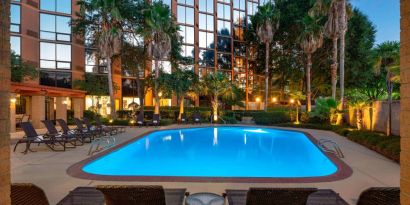 Sheraton Houston Brookhollow Hotel’s outdoor pool, with loungers and plant life nearby.