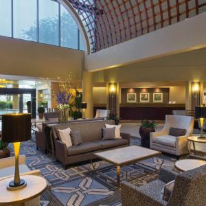 Lounge in the Sheraton Houston Brookhollow Hotel lobby, with array of comfy chairs and sofas, plus small tables.