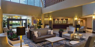 Lounge in the Sheraton Houston Brookhollow Hotel lobby, with array of comfy chairs and sofas, plus small tables.