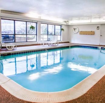 The hotel’s indoor pool has plenty of natural light and convenient loungers.