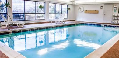 The hotel’s indoor pool has plenty of natural light and convenient loungers.