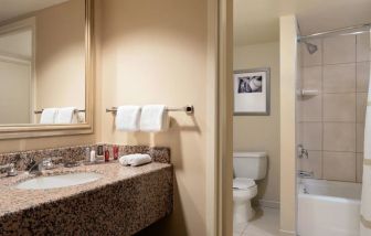 Private guest bathroom with shower and bath at Anaheim Marriott Suites.