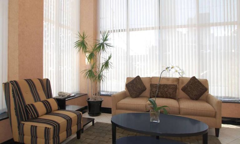 The hotel’s lounge lobby with comfortable seating, windows, and coffee table.