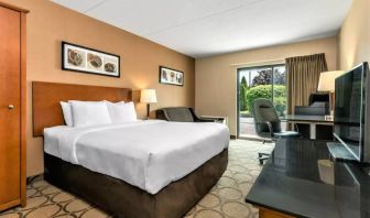 A double bed guest room within Comfort Inn Regina, containing a workspace desk and chair, plus large window.