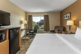 Double bed guest room in Comfort Inn Saskatoon, with window and TV.