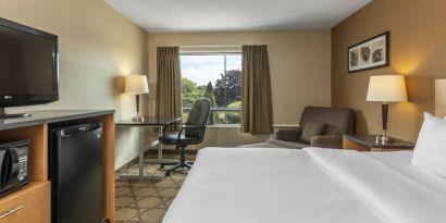 Double bed guest room in Comfort Inn Saskatoon, with window and TV.