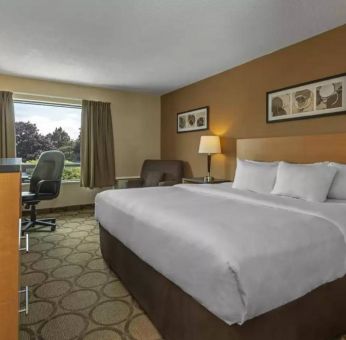 Double bed guest room in Comfort Inn Edmonton West, with nearby chair and TV.