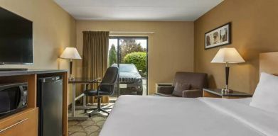 Guest room in Comfort Inn Edmonton West, with double bed and large window.