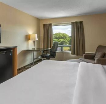 Double bed guest room in Comfort Inn Edmonton West, with desk and chair for working.