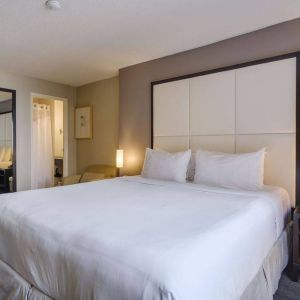 Double bed guest room in Arc The Hotel Ottawa, with bedside lamps and ensuite bathroom.