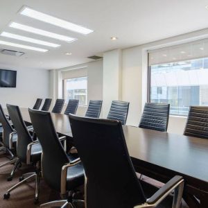 Hotel meeting room with long table, large windows and TV, and seating for over a dozen attendees.