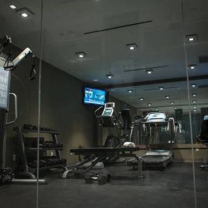 The hotel’s exercise room, with stacked weights and assorted fitness machines.