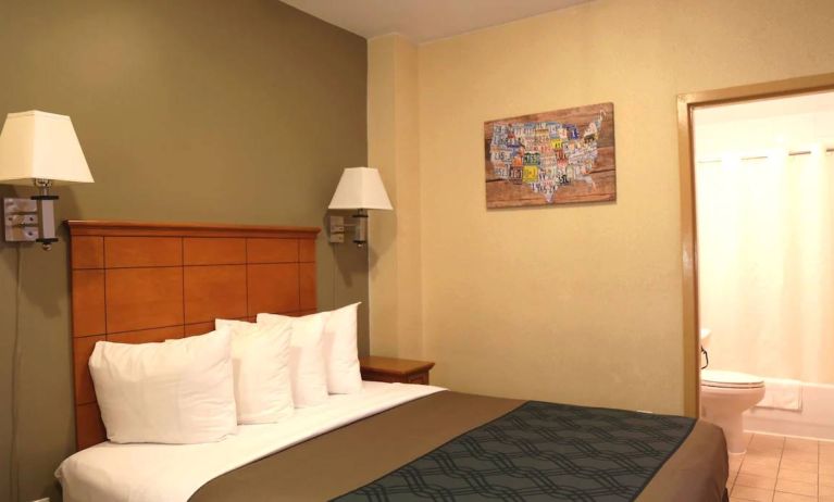 Guest room with ensuite bathroom and double bed at the Econo Lodge Times Square.