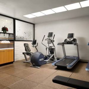 The hotel’s fitness center, equipped with a range of exercise machines.