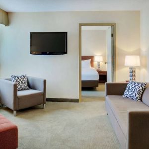 Guest room in the Radisson Hotel Kitchener Waterloo, with a lounge featuring chair, sofa, and TV.