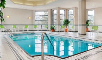 The hotel’s swimming pool is indoors and has plenty of chairs by the side.