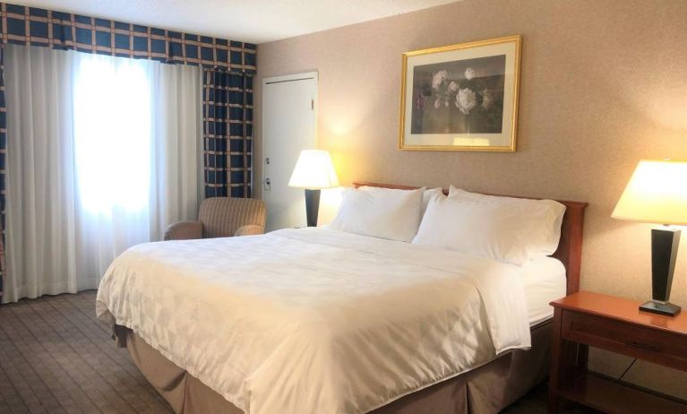 Double bed guest room in Holiday Inn Laval Montreal, with nearby chair and window.