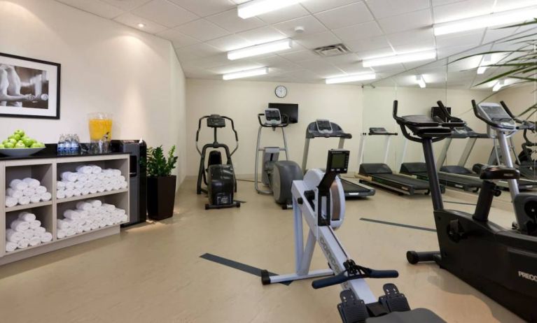 The hotel fitness center is equipped with a range of different exercise machinery.