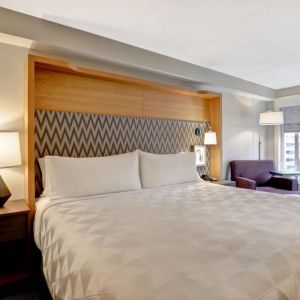 Double bed guest room in the Holiday Inn Ottawa Downtown Parliament Hill, with nearby chair and window.