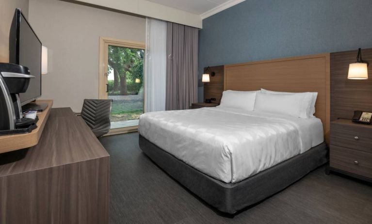 Guest room in Holiday Inn Kingston Waterfront, with double bed and a desk and chair for working.