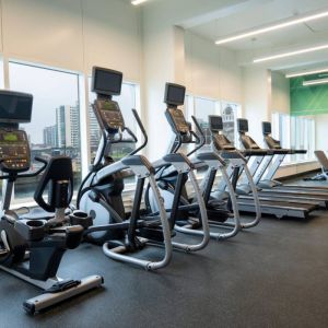 The hotel’s fitness center offers an assortment of exercise equipment.