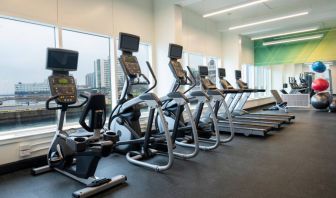 The hotel’s fitness center offers an assortment of exercise equipment.