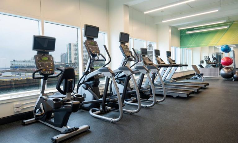 The hotel’s fitness center offers an assortment of exercise equipment.