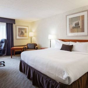 Guest room in Best Western North Bay, with large double bed, window, and armchair.