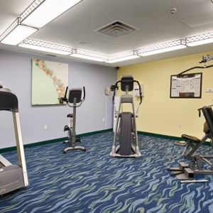 The hotel fitness center is equipped with a variety of exercise machines.