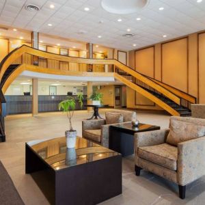 The hotel’s lobby lounge offers comfortable chairs and sofas, plus coffee tables.