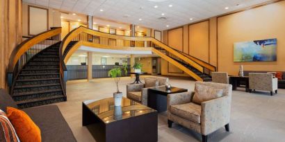 The hotel’s lobby lounge offers comfortable chairs and sofas, plus coffee tables.