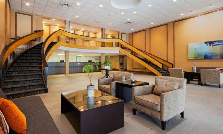 The hotel’s lobby lounge offers comfortable chairs and sofas, plus coffee tables.