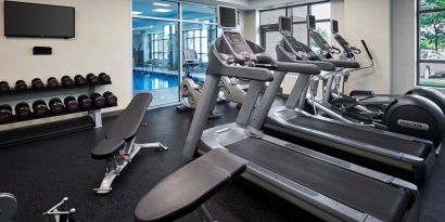 The Holiday Inn & Suites Oakville At Bronte fitness center is equipped with weights, benches, and numerous exercise machines.