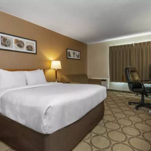 Guest room in Comfort Inn Brandon with double bed and workspace desk and chair.