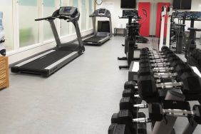 Hotel fitness center complete with rack of weights and various exercise machines.