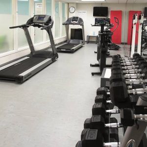 Hotel fitness center complete with rack of weights and various exercise machines.