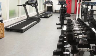 Hotel fitness center complete with rack of weights and various exercise machines.