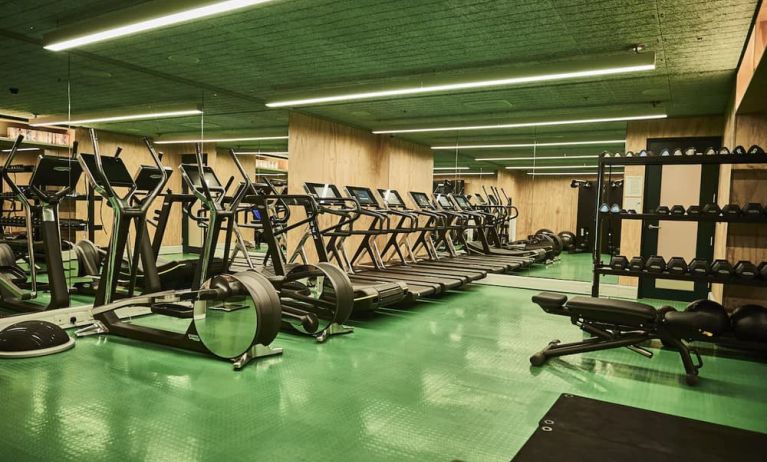 Row of elliptical machines and treadmills in front of a mirror, green floors and wooden walls.