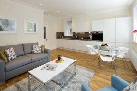 Wider view of the lounge and kitchen area, including sofa, table, and chairs.