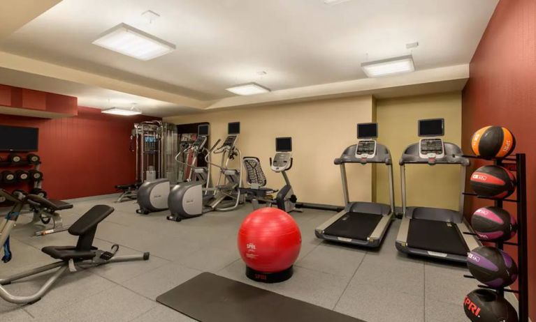 The hotel fitness center where guests can use exercise machines, balls, and weights.