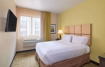 A guest room in the Candlewood Suites Times Square, with double bed, large TV, and window.