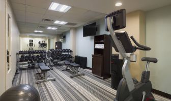 The hotel fitness center, with benches, weights, and various exercise machines.