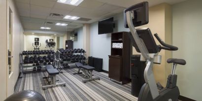 The hotel fitness center, with benches, weights, and various exercise machines.