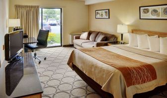 Double bed guest room in the Comfort Inn Fredericton, with large window and TV.