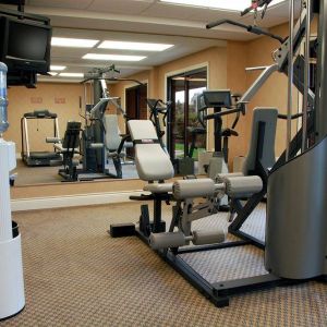 Comfort Inn Fredericton’s fitness center has multiple exercise machines and an overhead TV.