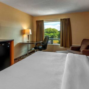 Guest room in Comfort Inn Sault Ste. Marie, featuring double bed and large television.