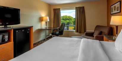 Guest room in Comfort Inn Sault Ste. Marie, featuring double bed and large television.