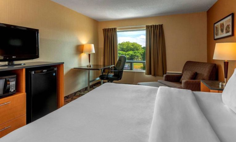 Guest room in Comfort Inn Sault Ste. Marie, featuring double bed and large television.