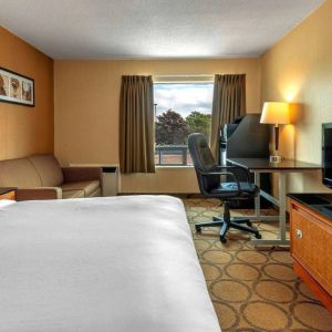 Double bed guest room in Comfort Inn Sault Ste. Marie, including a workspace desk and chair.